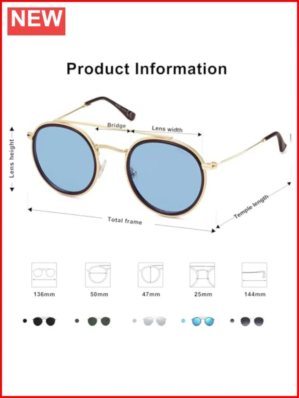 Retro Vintage Round Polarized Sunglasses with Double Bridge Metal Frame